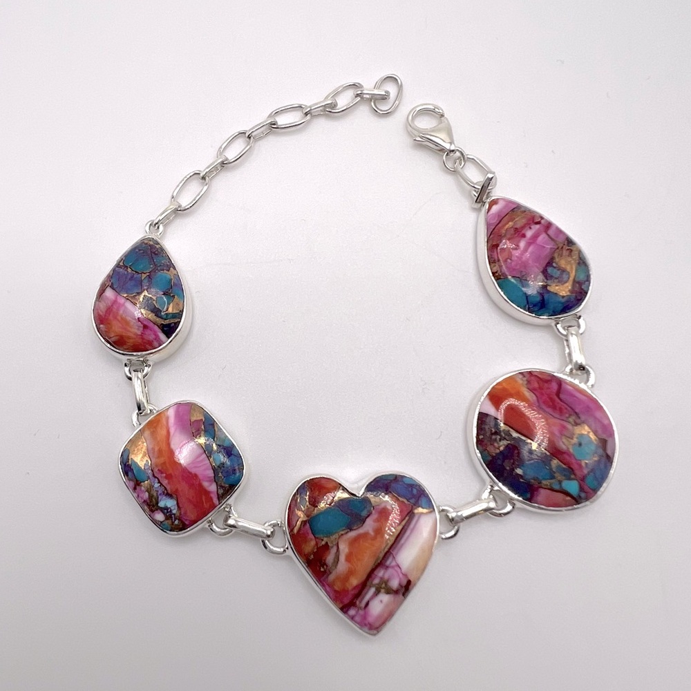 Pink Oyster Turquoise .925 Sterling Silver Bracelet - Picture 10 of 17